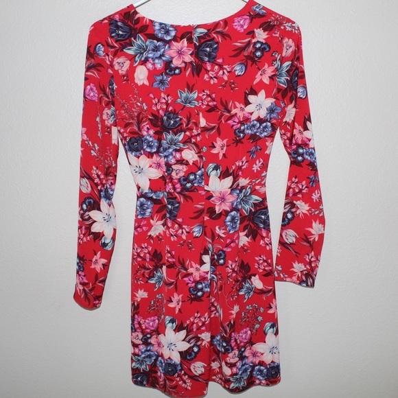 BERSHKA Red Floral Print Wrap Long Sleeve Mini Dress - Size Small - Picture 6 of 8
